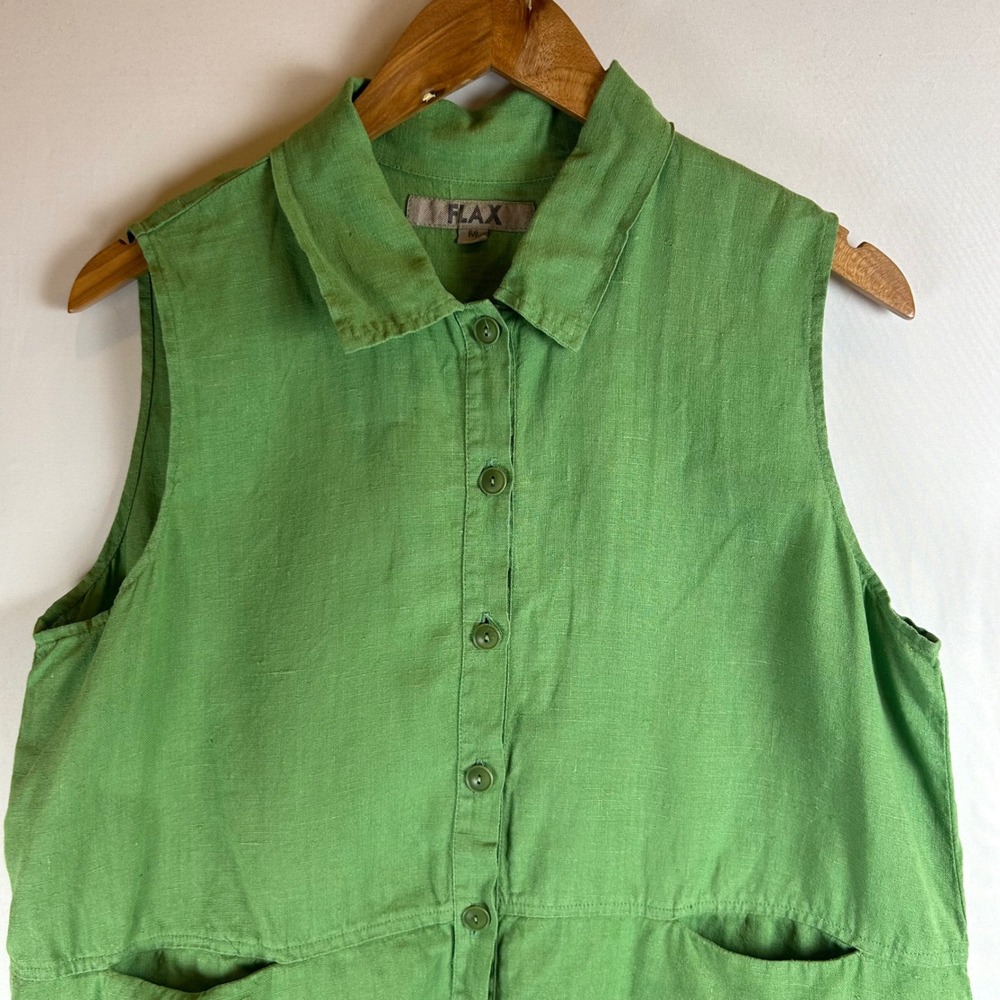 FLAX Women Green 100% Linen Sleeveless Button Front Pocket Top Shirt Size Medium - Picture 6 of 9